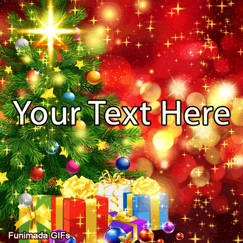 Beautifully decorated Christmas tree with a shining star on top. At its base is a pile of colorful presents with gold bows. The background is a festive red.