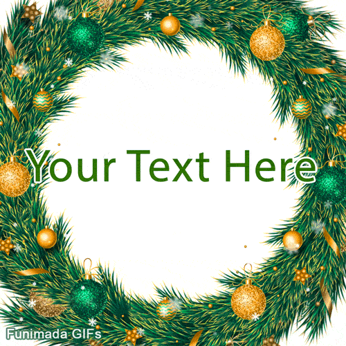 Festive Christmas wreath made of lush pine boughs. It's decorated with sparkling green and textured gold ornaments, gold ribbons, and tiny, gently falling snowflakes