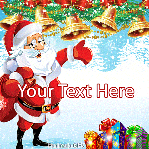 Cheerful cartoon Santa Claus in a snowy scene. He carries a sack of toys, gives a thumbs-up, and stands near a pile of presents, all under a garland of swinging bells.