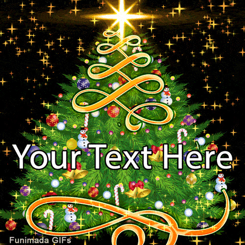 Beautiful Christmas tree on a black background, decorated with a large, swirling golden ribbon. The tree features a bright star on top, classic ornaments like snowmen.