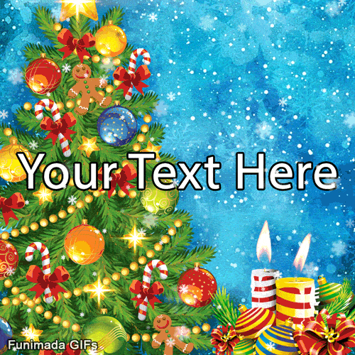 Animated GIF of a decorated tree with gingerbread men and candy canes. Two lit candles flicker in the corner against a snowy blue background.