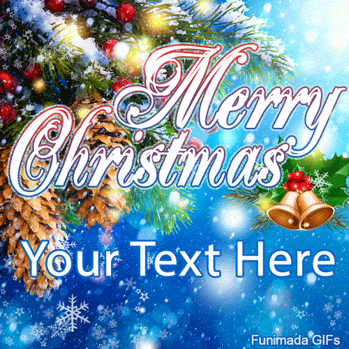 Merry Christmas' text over a snowy blue background. Pine branches with berries and pinecones frame the top, with jingle bells on the right.