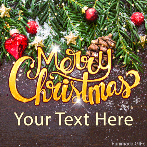 Golden 'Merry Christmas' text. Snow-dusted pine branches with red heart ornaments and a pinecone are above a dark, rustic surface.