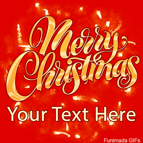 Merry Christmas' in elegant golden calligraphy. The text glows against a textured, vibrant red background with shimmering light effects.