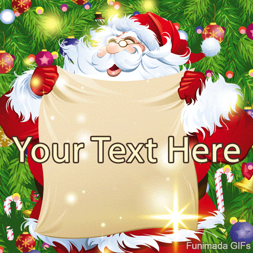 Jolly Santa Claus standing before a Christmas tree. He is holding open a large, blank scroll, ready for a custom message.
