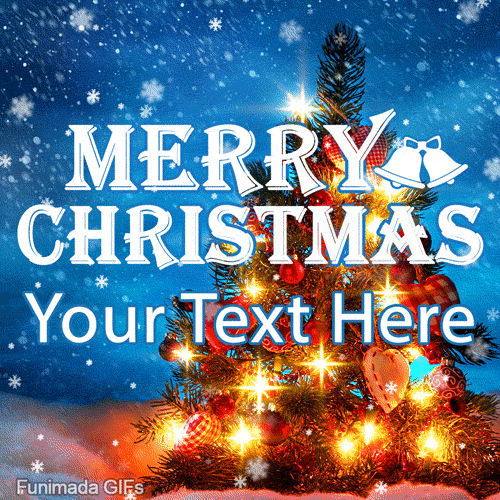 Christmas tree with glowing lights and heart ornaments on a snowy night. The words 'Merry Christmas' are written in large white letters
