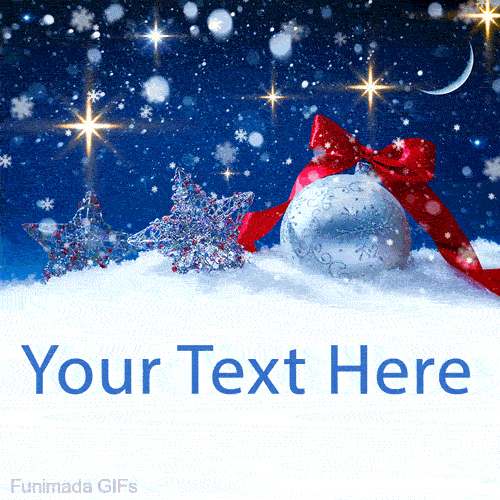 Silver ornament with a red bow and glittery stars in the snow. The background is a dark blue night sky with falling snow and a crescent moon.