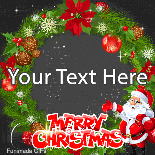 Santa Claus with a Christmas wreath made of poinsettias and pinecones on a chalkboard background. 'Merry Christmas' text is at the bottom.