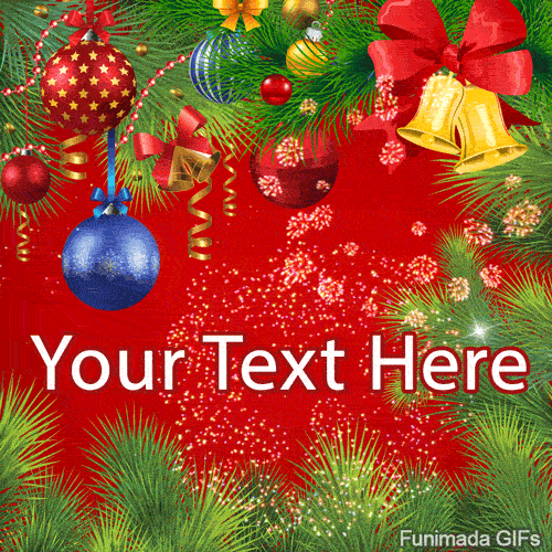 Festive pine branches with colorful ornaments and jingle bells. The bright red background features a burst of sparkling, firework-like animations.