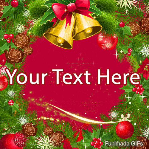 Classic Christmas wreath with golden jingle bells, pinecones, and holly. A swoosh of golden light animates across the red center.
