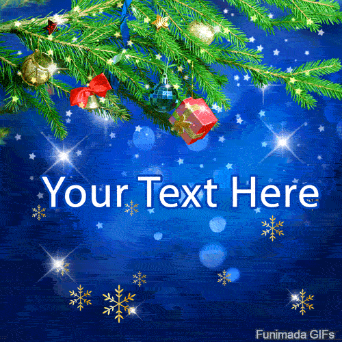 Decorated pine branch with ornaments hanging over a deep blue sky with falling golden snowflakes and twinkling stars.