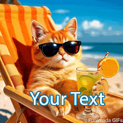 A chilled-out cat lounges under the sun at the beach in a deck chair, wearing stylish sunglasses and holding a fruity cocktail in a tall glass, animated in a continuous loop.
