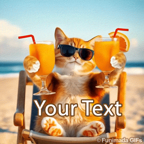 A relaxed beach cat in sunglasses sits back and raises a drink in each paw, with orange cocktails and fruit garnishes, in a sunny seaside animated celebration scene.