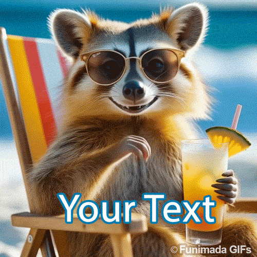 A stylish raccoon wearing sunglasses relaxes in a deck chair with a tropical drink, enjoying the sunshine and sea breeze in a bright animated vacation scene.