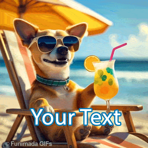 Relaxed cartoon-style dog enjoying a beach day, reclining with sunglasses and a colorful drink in paw, surrounded by sun, sand, and ocean waves in a looping animation.