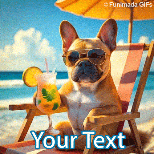 A cool bulldog in aviator sunglasses relaxes at the beach with a fruity drink in paw, featuring a lemon slice and herbs, set against a blue sky and ocean backdrop.
