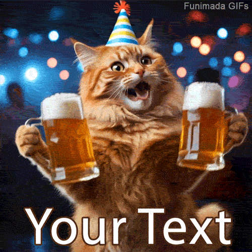 Animated GIF of a funny ginger cat in a party hat, looking excited while holding up two large mugs of beer at a party, ready for custom text.