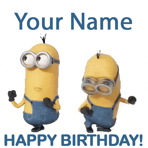 Customizable GIF template featuring a tall Minion and a short Minion in denim overalls doing a funny dance above bold blue text.