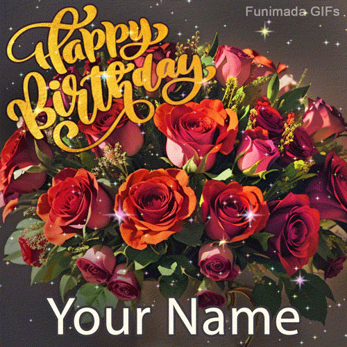 Animated GIF template of a lush bouquet of red roses, sparkling with light. A glittery gold greeting text floats above, creating an elegant and magical greeting.