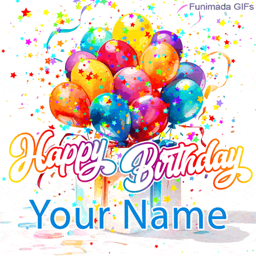 A vibrant, artistic animation of a gift box releasing a bunch of colorful balloons amid a shower of star confetti. A customizable birthday greeting.