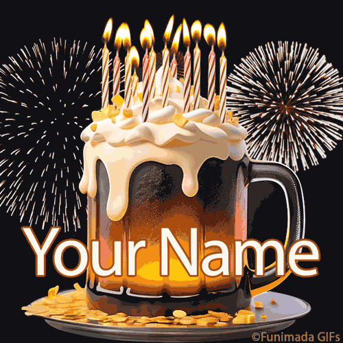 Animated mug of beer overflowing with foam, topped with lit candles, surrounded by falling confetti and bright fireworks exploding in the background on a black backdrop.