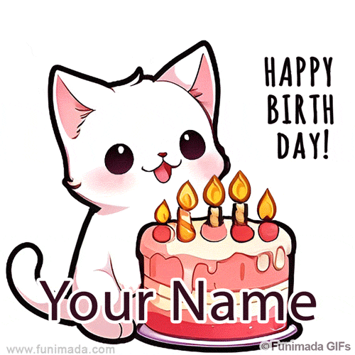 Cute animated cat with a layered pink and cream cake, topped with candles. The kitten has a sweet expression and is part of a cheerful birthday scene on a white background.