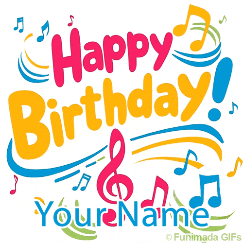 Bright and cheerful birthday animation featuring bold red, yellow, and blue lettering with animated music notes and curved accents dancing around the text.