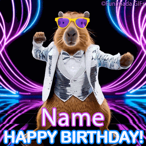 Funny animation featuring a dancing capybara in a shiny jacket and party shades, moving under purple and blue neon light beams with animated text.