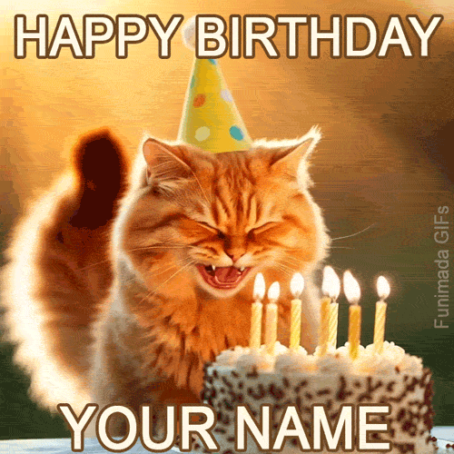 A fluffy ginger cat wearing a birthday hat stands next to a lit birthday cake, appearing to shout joyfully beneath bold 'Happy Birthday' text on a warmly lit background.