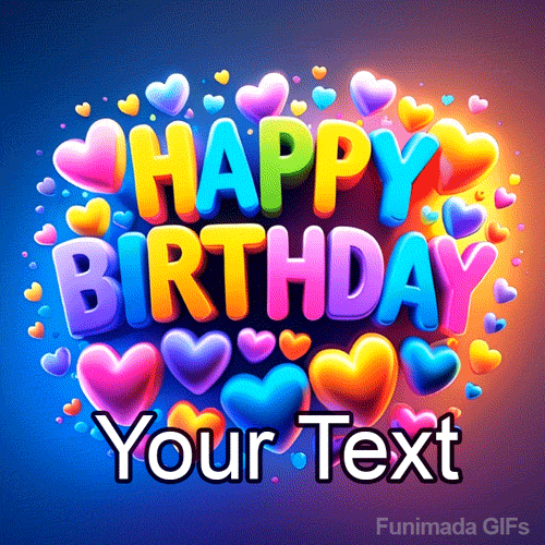 Editable template showing a vibrant, glowing text graphic decorated with 3D pink, blue, yellow, and purple hearts.