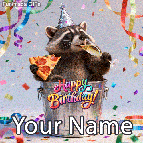 Give the gift of laughter! Create a personalized greeting instantly by adding a name to this funny GIF of a partying raccoon living its best life.