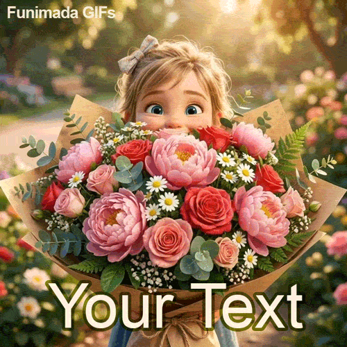 Custom GIF template featuring an adorable 3D girl holding a massive floral bouquet wrapped in craft paper against a warm, sunlit garden background.