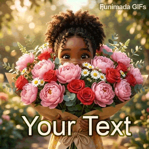 Create a personalized greeting instantly. Edit this charming GIF of a cute little girl with natural curls hiding behind a massive bouquet of spring flowers.