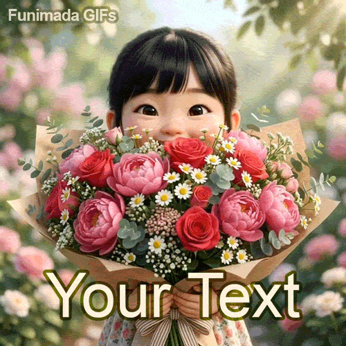 Animated GIF of a cute little Asian girl with straight black hair and dark eyes smiling softly behind a giant bouquet of pink peonies, red roses, and daisies.