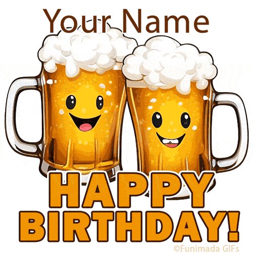 Cheerful animation with two bubbly cartoon beer glasses high-fiving with foam splashes, happy faces, and bold birthday text below, all set on a clean white background.