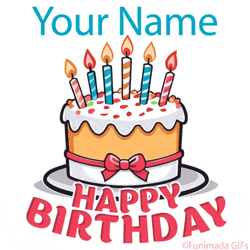 Cute birthday cake illustration with flickering candles, red ribbon, and colorful sprinkles, paired with playful red 'Happy Birthday' letters on a clean white background.
