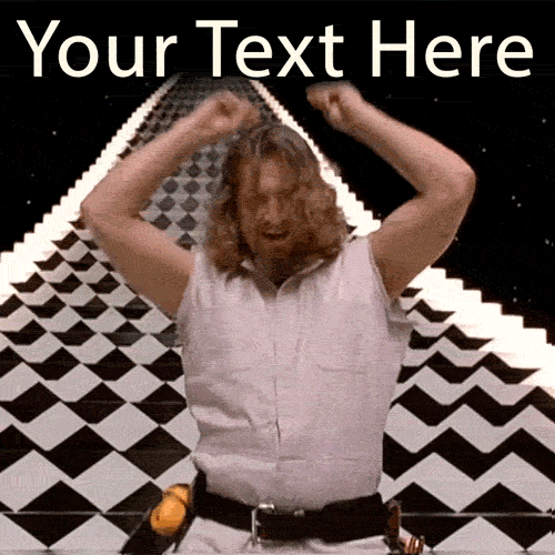 Animated GIF of The Dude from The Big Lebowski dancing happily with his arms up in a surreal dream sequence with a checkered floor. An editable meme template.
