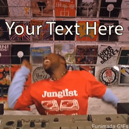 Classic meme of a DJ dancing hard in front of a wall of records. An energetic animated template for your personalized party or celebration message.