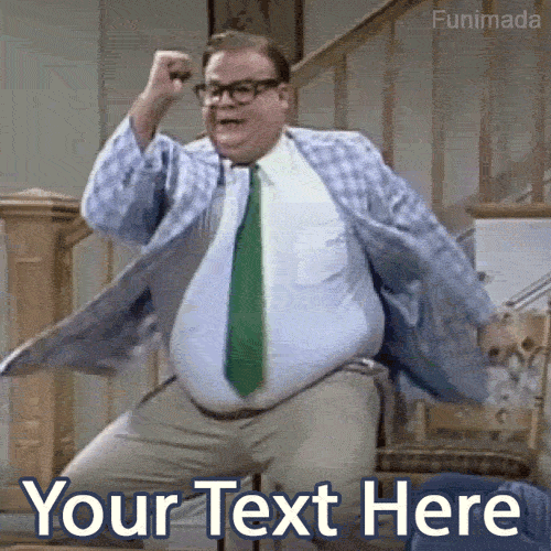 Animated GIF of Chris Farley as Tommy Boy dancing ecstatically and pumping his fist. A classic editable meme template for expressing pure joy and celebration.