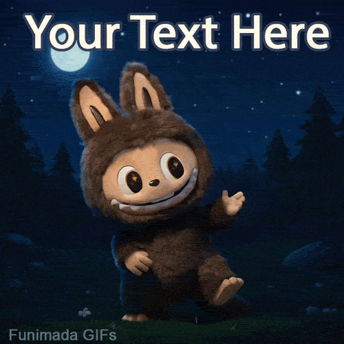 Animated GIF of a cute Labubu in a fuzzy bunny suit doing a happy dance at night under a full moon. An editable meme template for expressing joy.