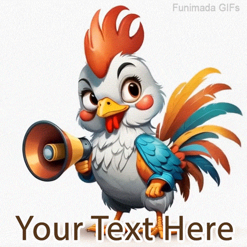 Cheerful cartoon rooster holding a megaphone with a colorful tail, animated in a loop with customizable text area below for your personalized morning greeting.