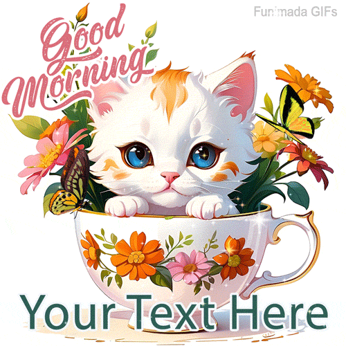 A wide-eyed white kitten with orange spots sits in a floral teacup, surrounded by colorful flowers and butterflies, with 'Good Morning' text and space for a custom message.