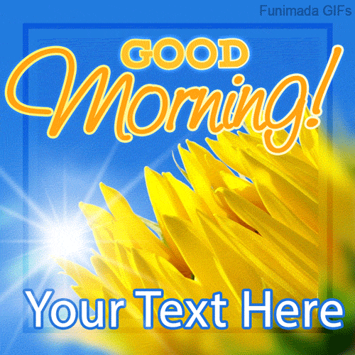A vivid blue and yellow GIF featuring a sunny morning theme with stylized sunflower petals and a sparkling sun flare, offering editable text space for your greeting.
