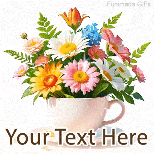 An animated white teacup filled with blooming flowers in pink, yellow, white, and blue shades, with a buzzing bee and editable text area below for your message.