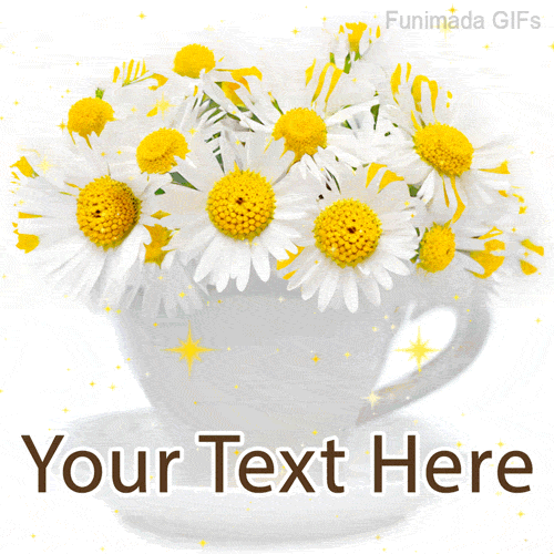 Cheerful daisy flowers in a delicate white cup glowing with golden sparkles, with editable text space underneath for custom good morning wishes.