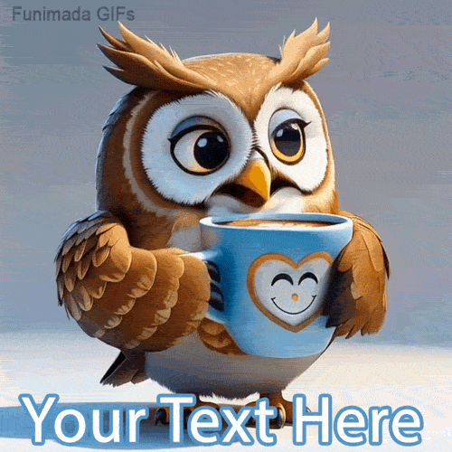 A sweet animated owl holding a blue coffee cup with a heart design, looking sleepy but content, with space beneath to add a personalized morning greeting.