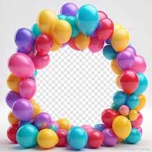 A vibrant ring of glossy balloons in pink, blue, yellow, red, and purple forming a circular frame on a light background, perfect for birthday photo customization.