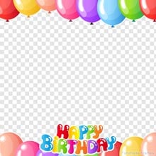 A cheerful birthday frame with cartoon-style balloons in bright colors at the top and bottom, and multicolored 'Happy Birthday' text centered at the bottom.