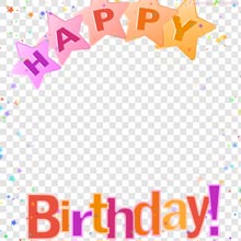 Editable birthday frame featuring bold letters, confetti, and a rainbow of star decorations—perfect for adding a personal photo in the center.