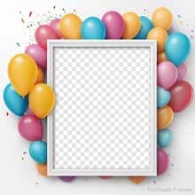 A festive birthday frame with a white square border surrounded by colorful glossy balloons in yellow, blue, pink, and orange, plus confetti on a white background.